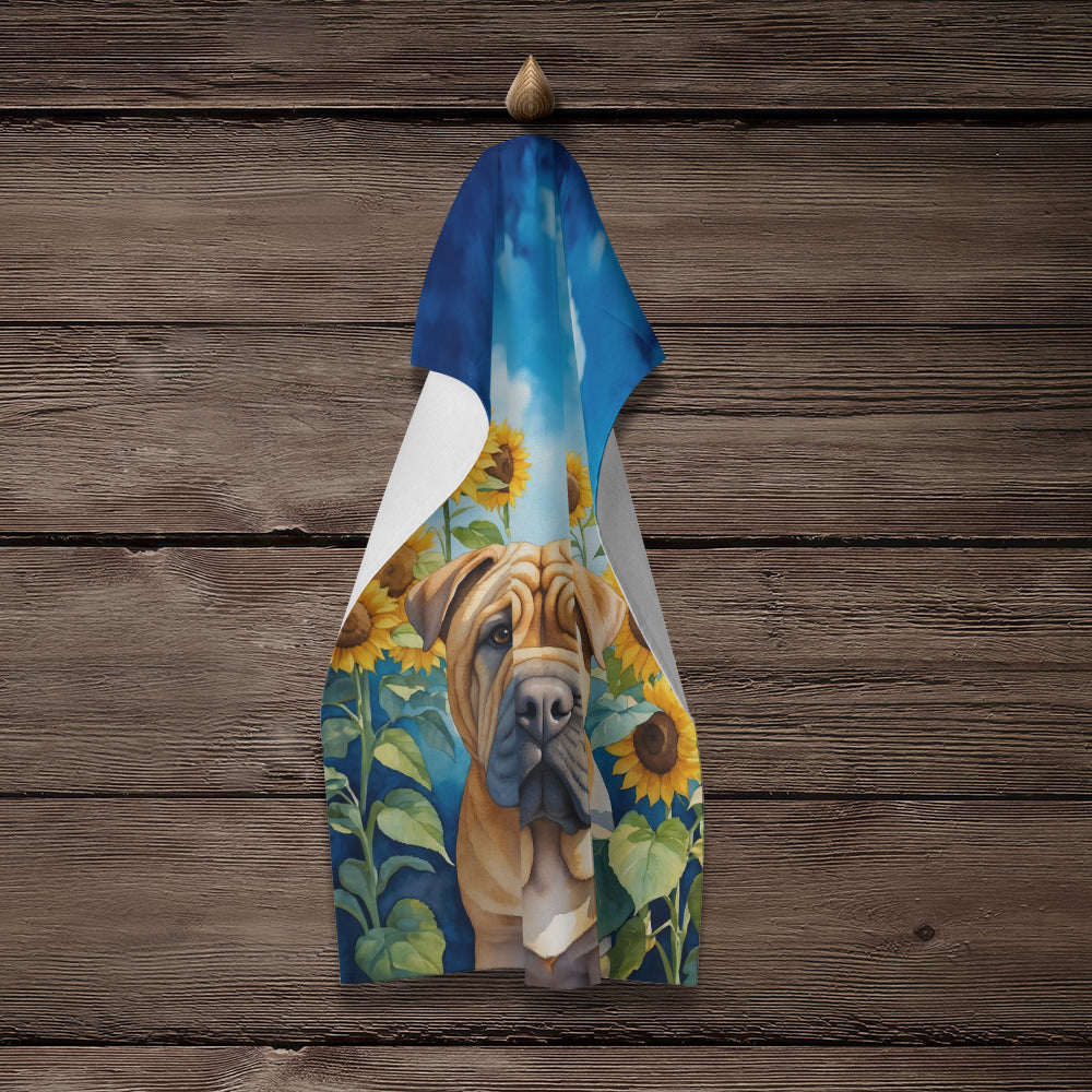 Shar Pei in Sunflowers Kitchen Towel Velour Plush Front and Cotton Loop Back Machine Washable