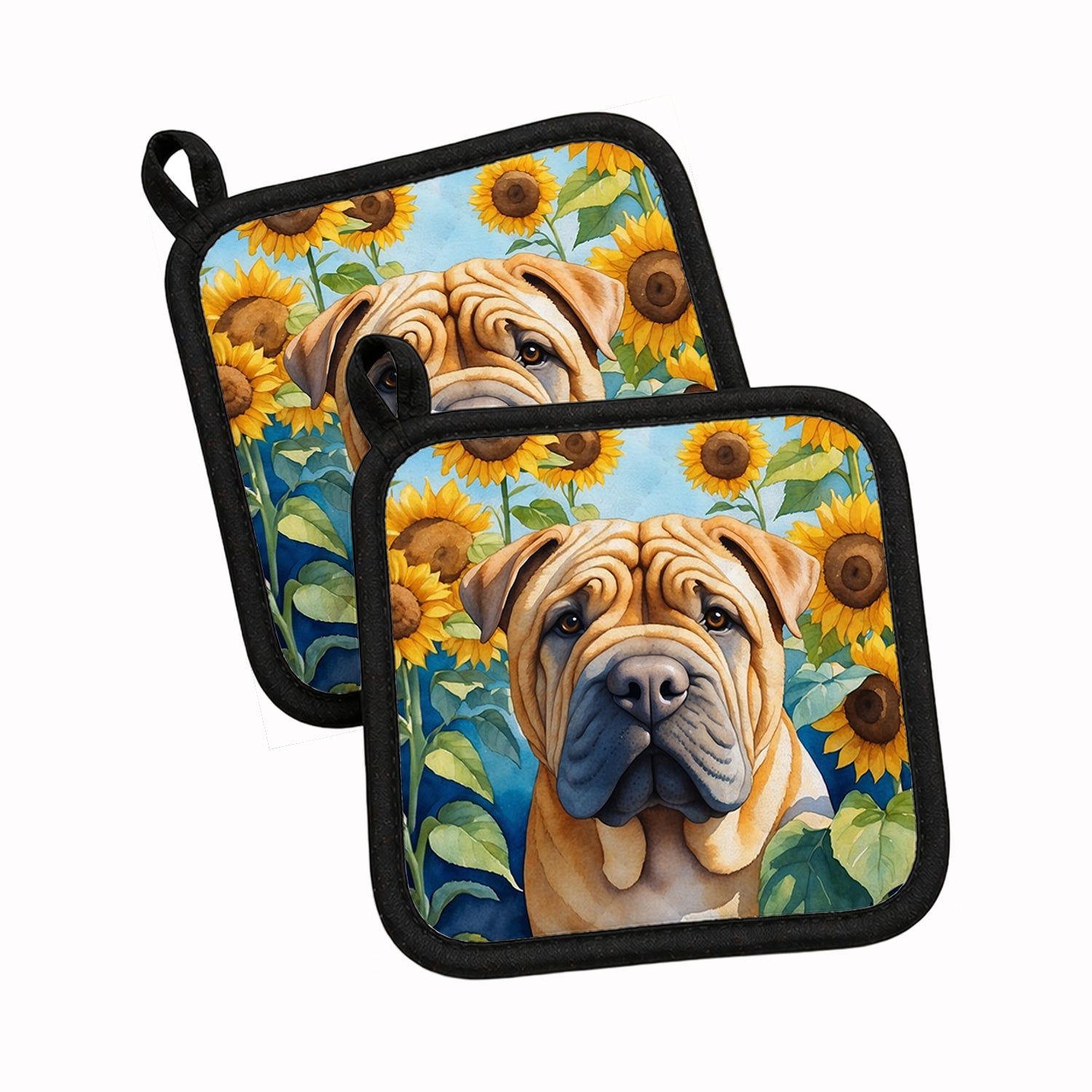 Shar Pei in Sunflowers Pot Holder Set of 2 Heat Resistant Quilted Hot Pads 7.5 x 7.5 Inch, Insulated Kitchen Trivets for Cooking & Baking