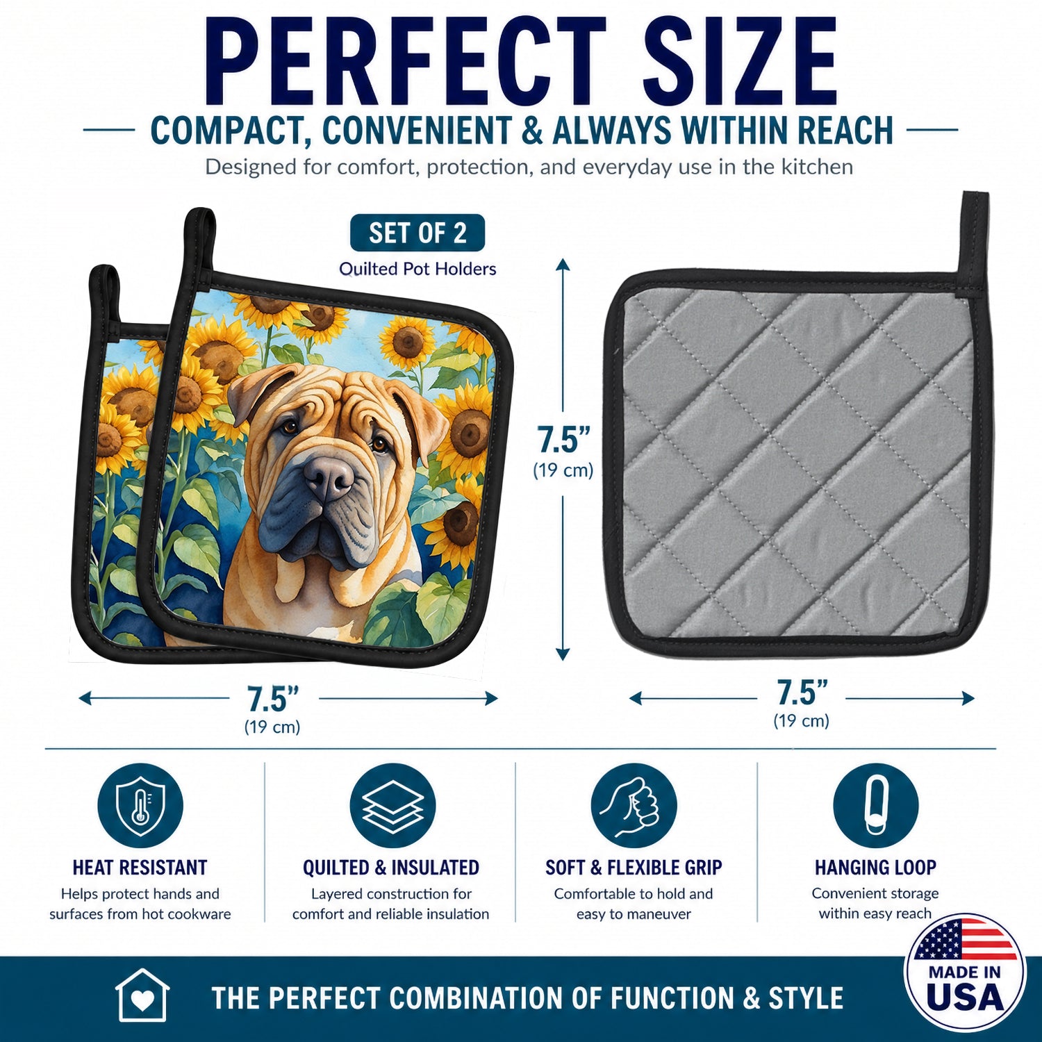 Shar Pei in Sunflowers Pot Holder Set of 2 Heat Resistant Quilted Hot Pads 7.5 x 7.5 Inch, Insulated Kitchen Trivets for Cooking & Baking