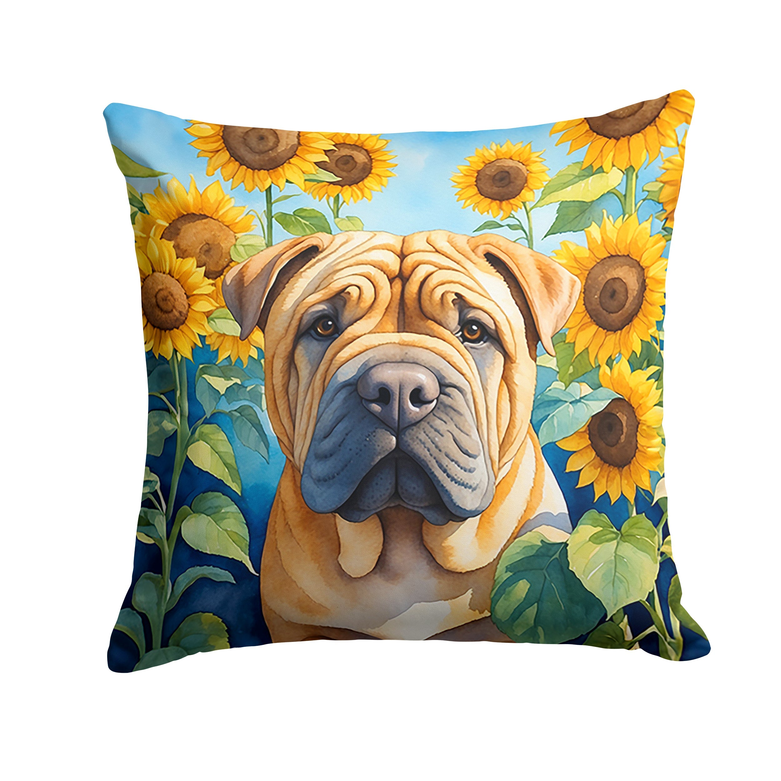 Shar Pei in Sunflowers Decorative Throw Pillow 14x14 Indoor Outdoor Accent Cushion, Fabric Cover with Insert for Sofa, Bed, Porch & Living Room