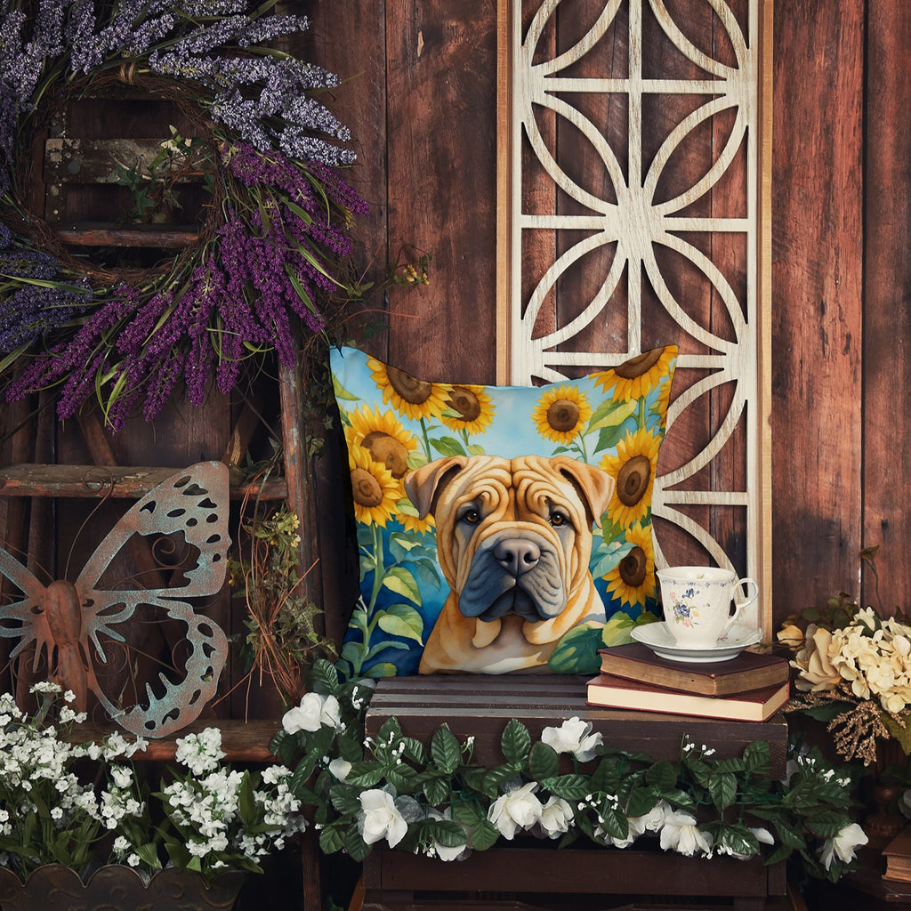 Shar Pei in Sunflowers Decorative Throw Pillow 18x18 Indoor Outdoor Accent Cushion, Fabric Cover with Insert for Sofa, Bed, Porch & Living Room