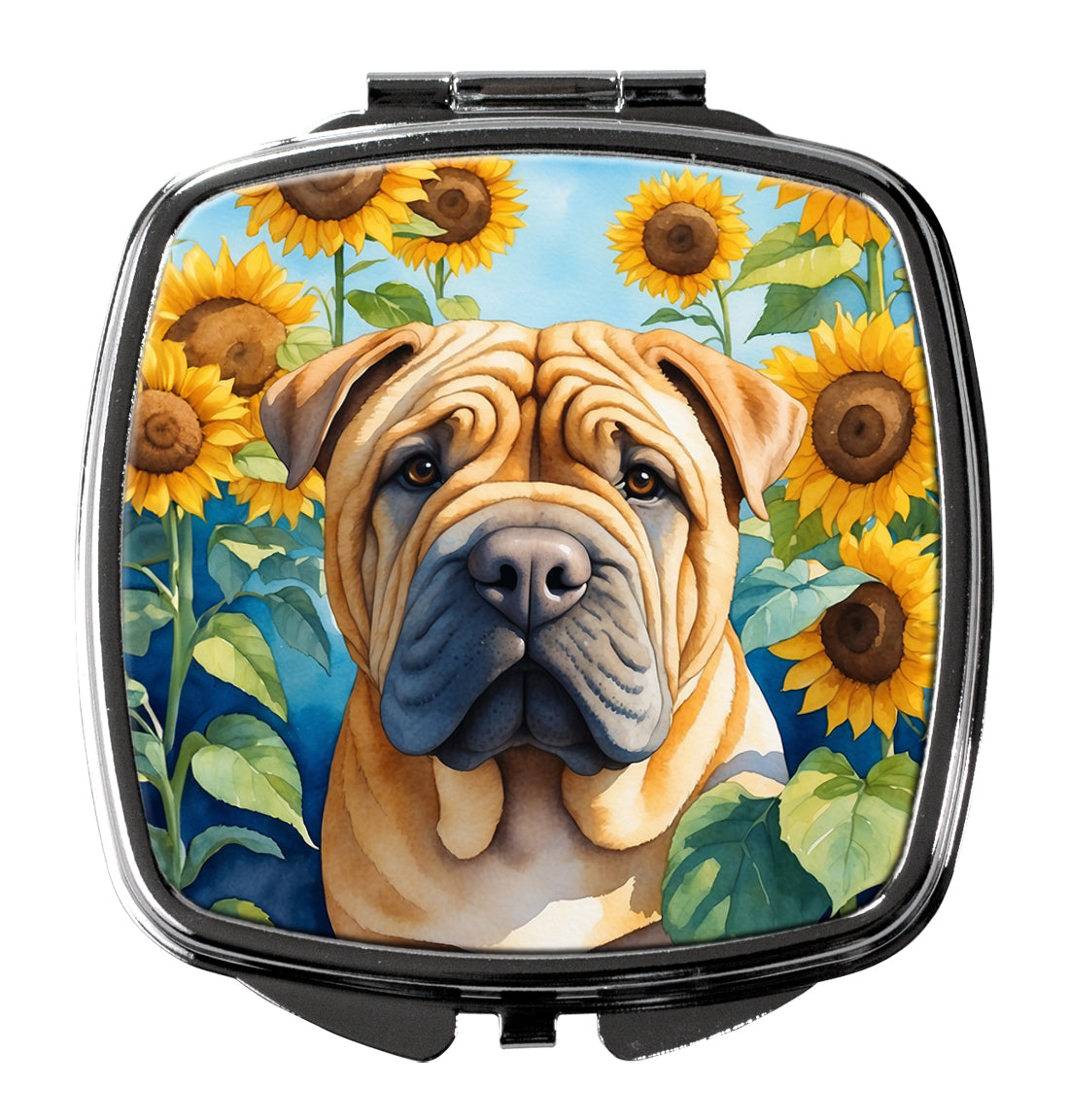 Shar Pei in Sunflowers Compact Mirror Decorative Travel Makeup Mirror for Women Girls Gifts Pocket Makeup Mirror Folding Handheld