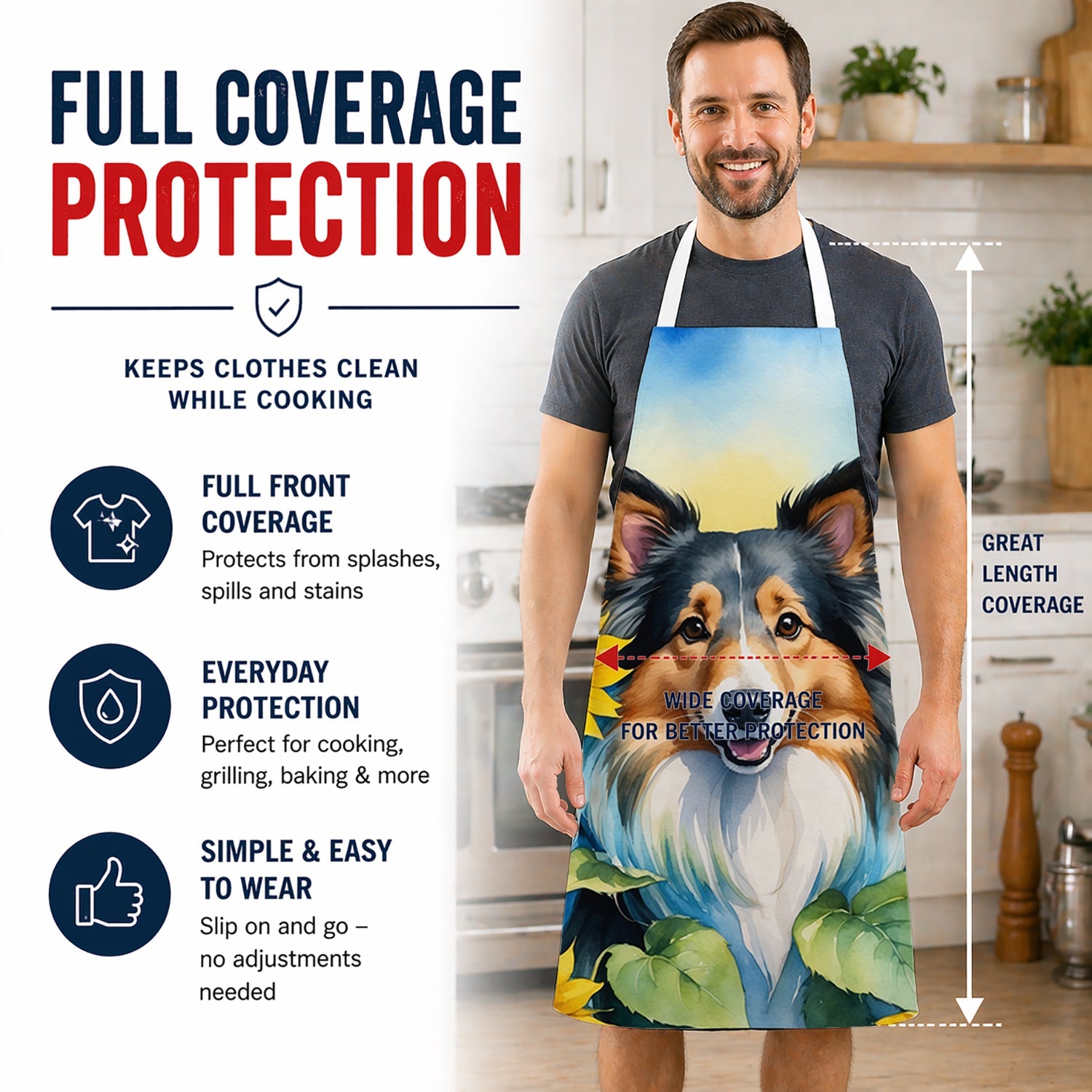 Sheltie in Sunflowers Apron Cooking Kitchen Server Baking Crafts Gardening for Adult Women Men, Unisex, Large, Multicolor