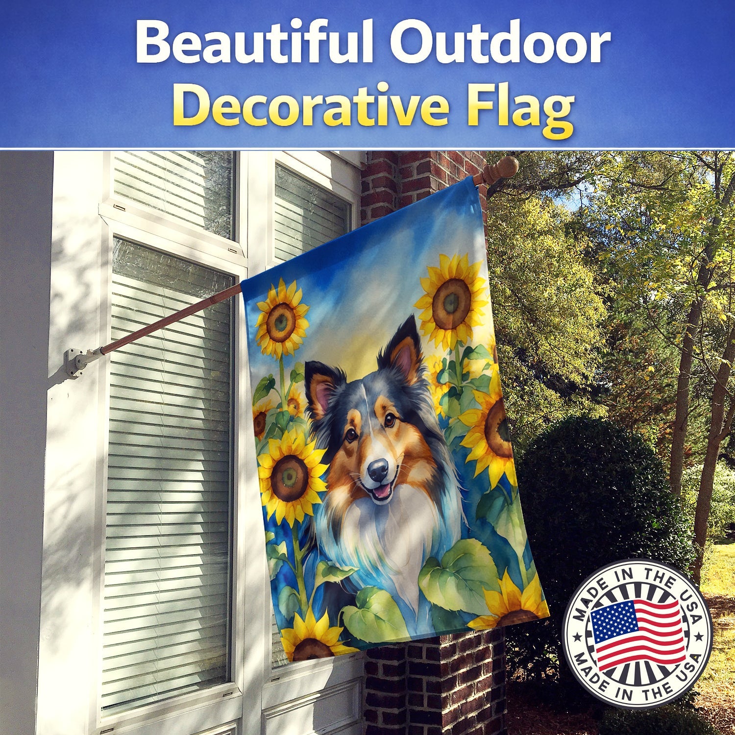 Sheltie in Sunflowers House Flag 28x40 Porch Sleeve Pole Decorative Outside Yard Banner Artwork Wall Hanging, Polyester
