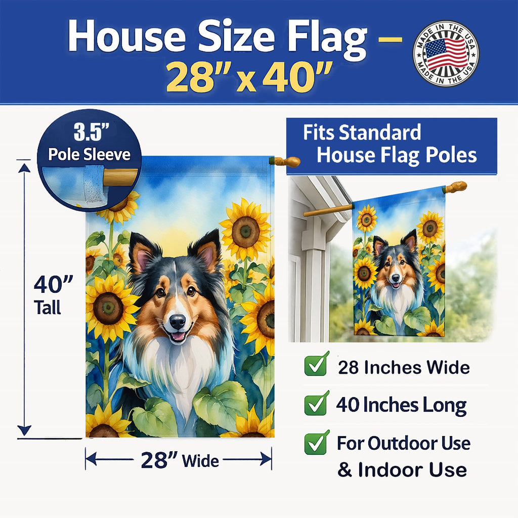 Sheltie in Sunflowers House Flag 28x40 Porch Sleeve Pole Decorative Outside Yard Banner Artwork Wall Hanging, Polyester