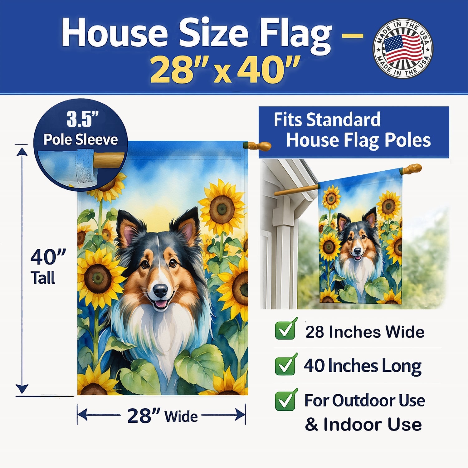Sheltie in Sunflowers House Flag 28x40 Porch Sleeve Pole Decorative Outside Yard Banner Artwork Wall Hanging, Polyester
