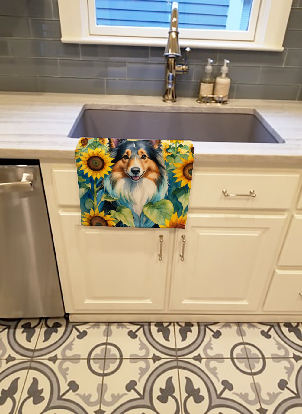 Sheltie in Sunflowers Kitchen Towel Velour Plush Front and Cotton Loop Back Machine Washable