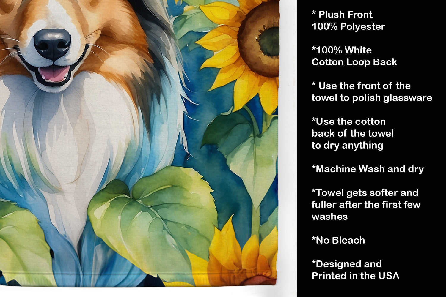 Sheltie in Sunflowers Kitchen Towel Velour Plush Front and Cotton Loop Back Machine Washable