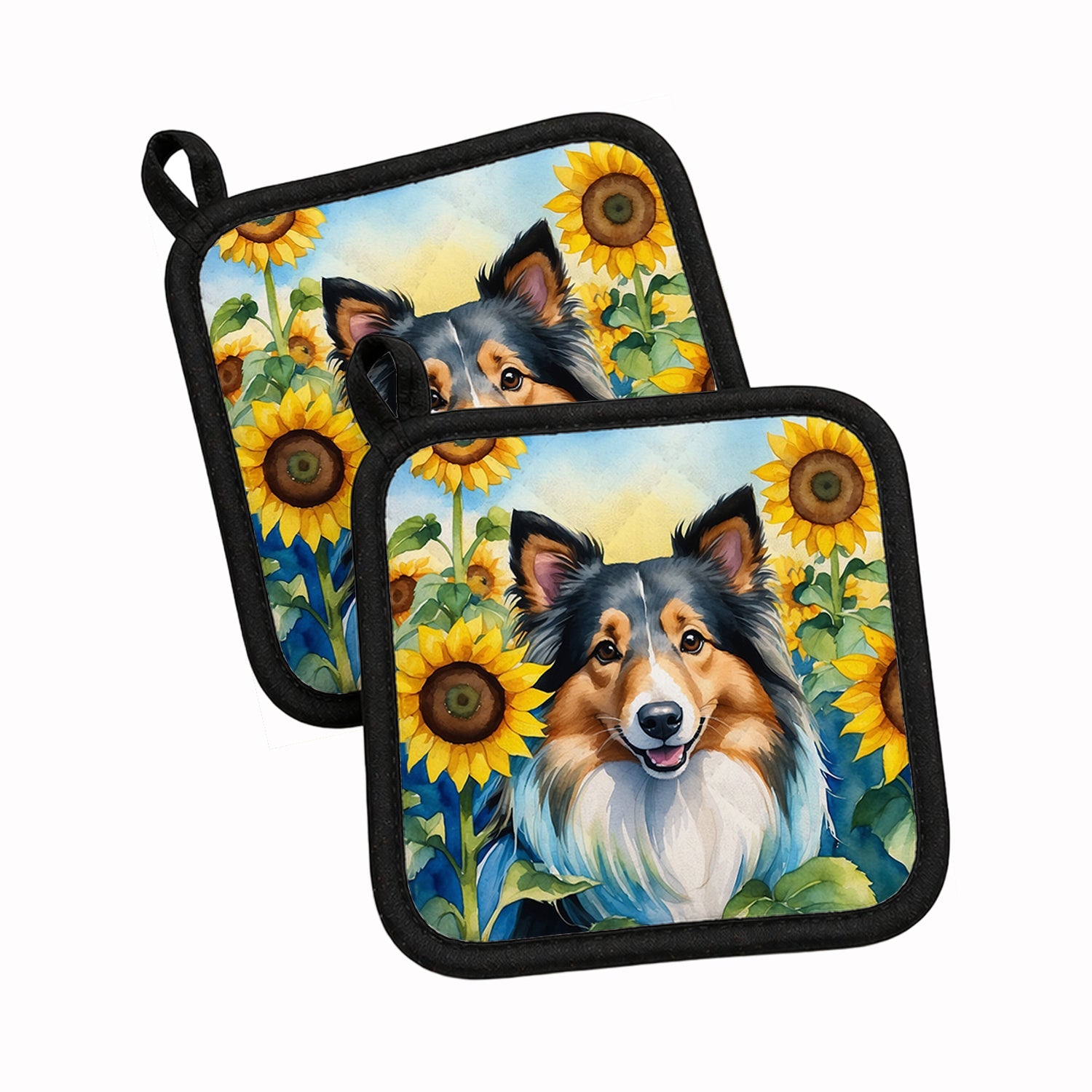 Sheltie in Sunflowers Pot Holder Set of 2 Heat Resistant Quilted Hot Pads 7.5 x 7.5 Inch, Insulated Kitchen Trivets for Cooking & Baking