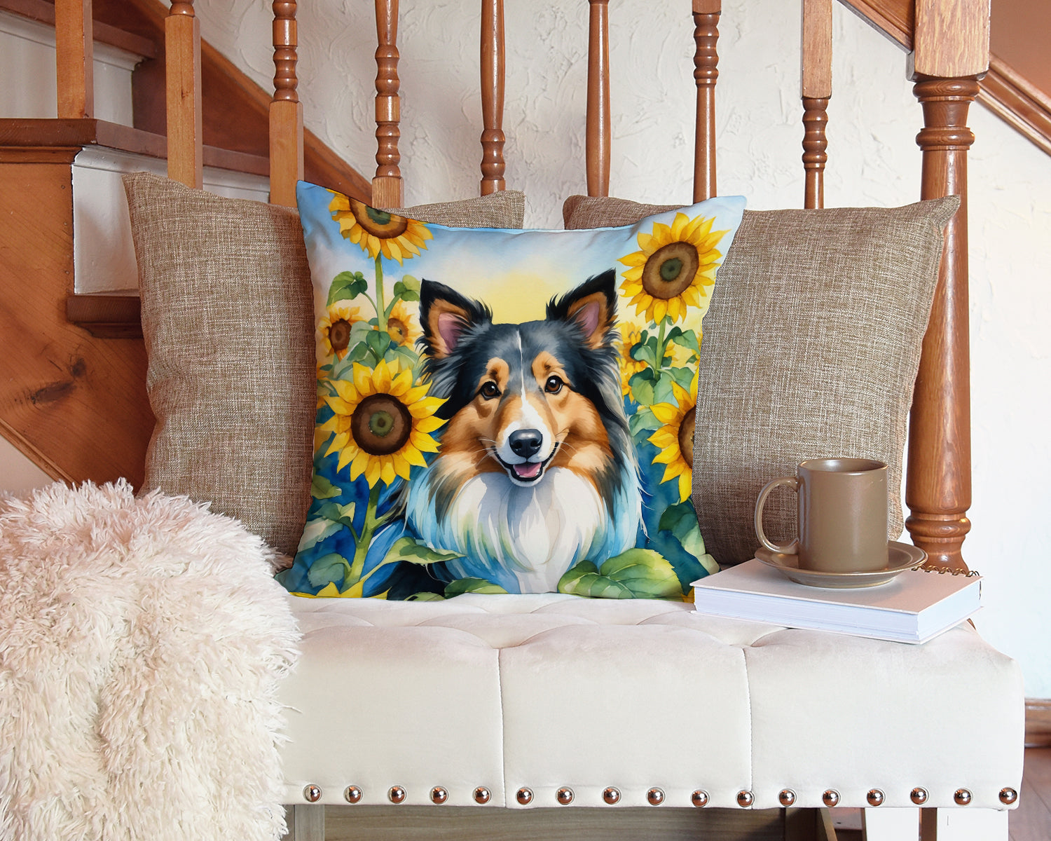 Sheltie in Sunflowers Decorative Throw Pillow 14x14 Indoor Outdoor Accent Cushion, Fabric Cover with Insert for Sofa, Bed, Porch & Living Room