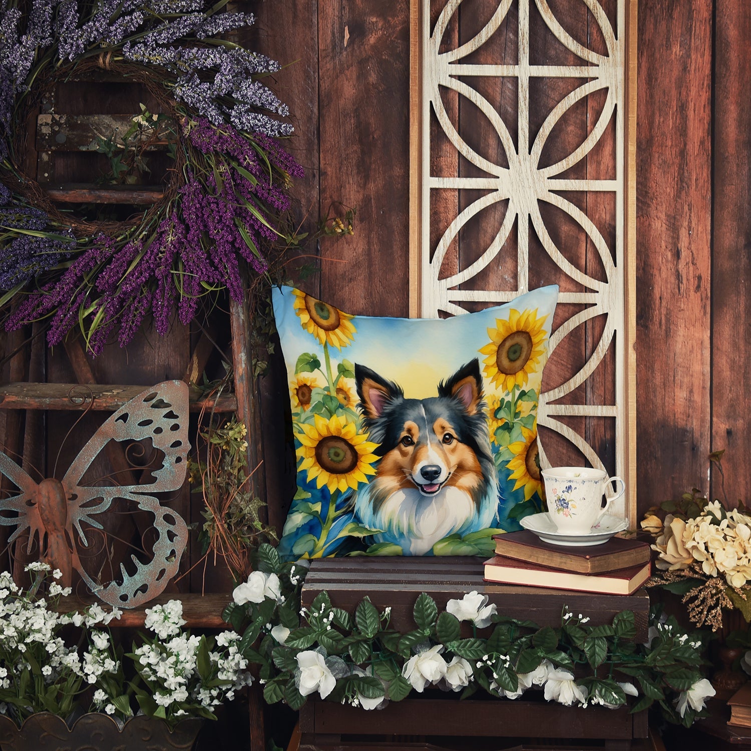 Sheltie in Sunflowers Decorative Throw Pillow 14x14 Indoor Outdoor Accent Cushion, Fabric Cover with Insert for Sofa, Bed, Porch & Living Room
