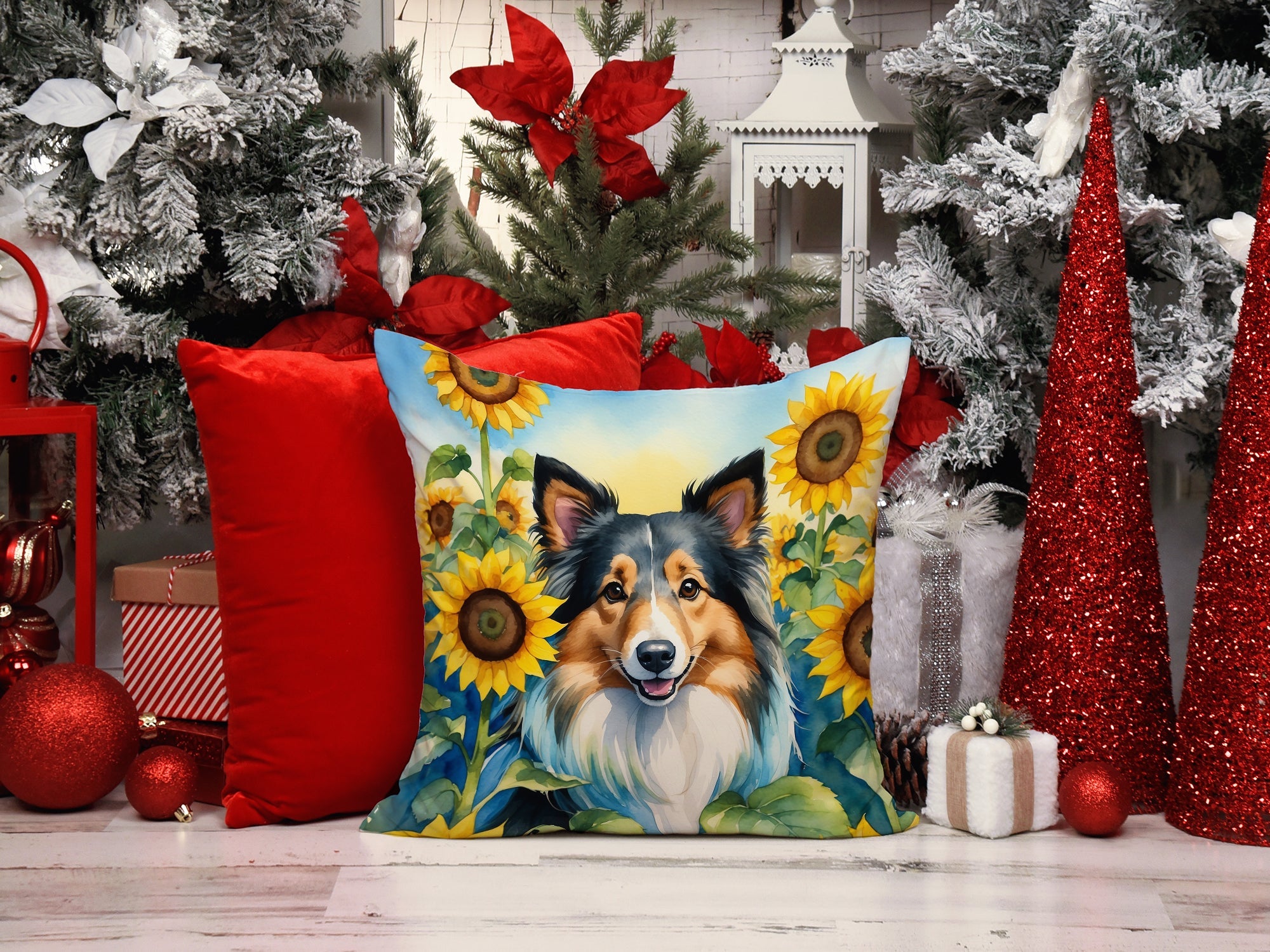 Sheltie in Sunflowers Decorative Throw Pillow 14x14 Indoor Outdoor Accent Cushion, Fabric Cover with Insert for Sofa, Bed, Porch & Living Room