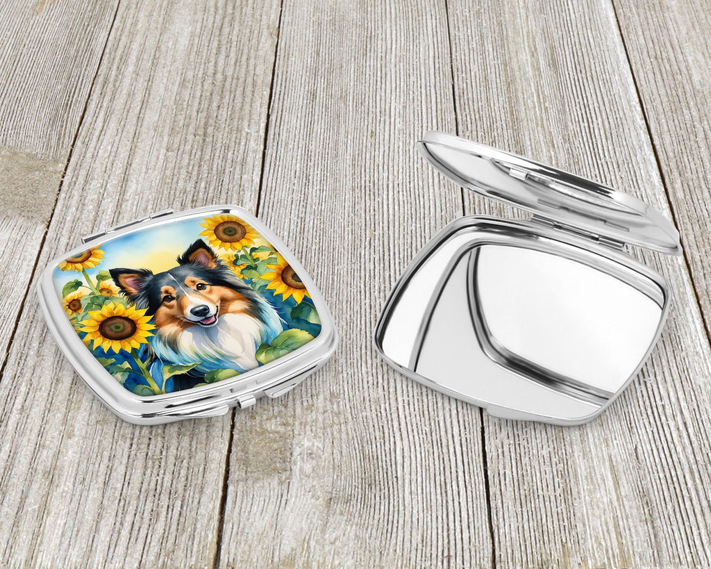 Sheltie in Sunflowers Compact Mirror Decorative Travel Makeup Mirror for Women Girls Gifts Pocket Makeup Mirror Folding Handheld