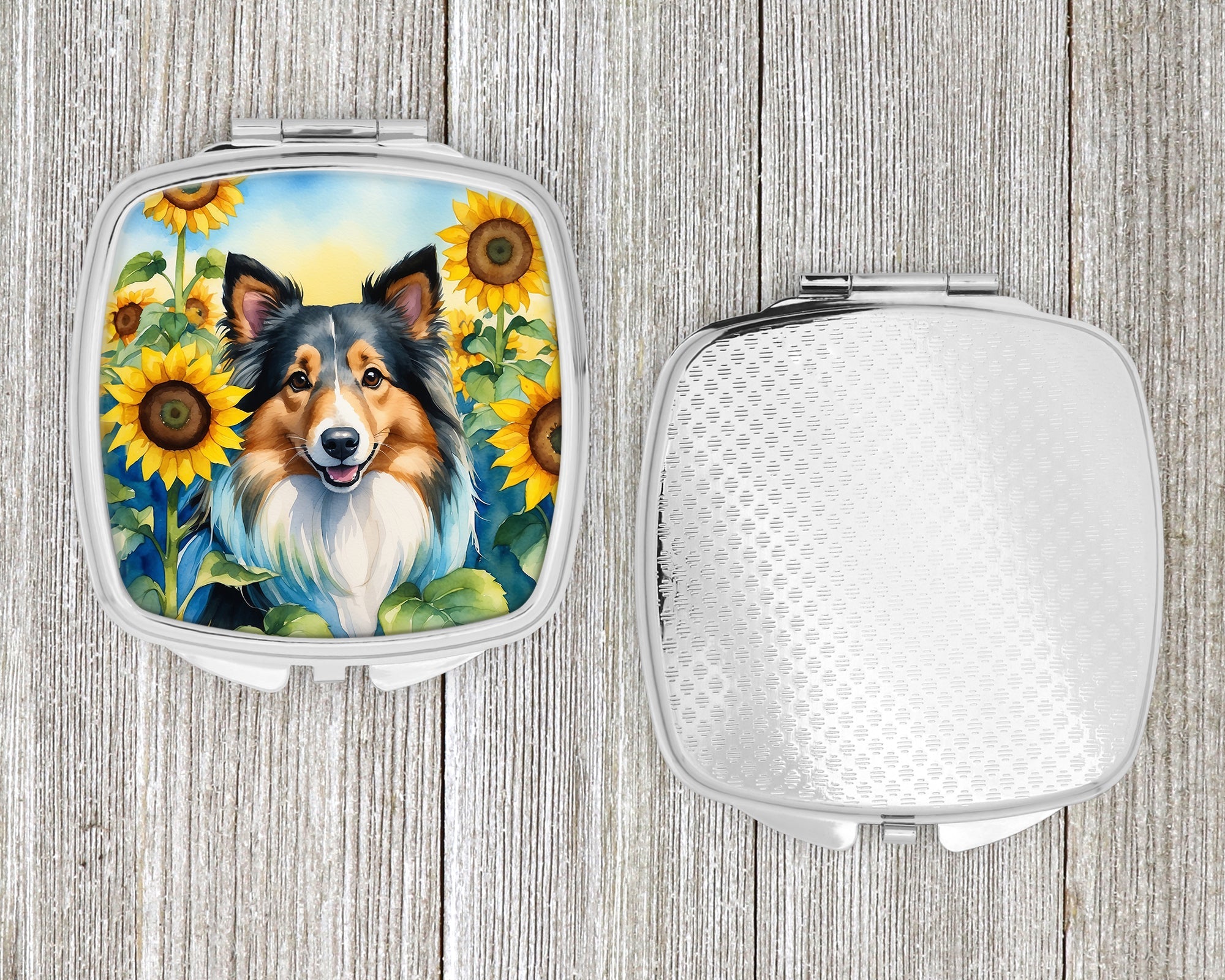 Sheltie in Sunflowers Compact Mirror Decorative Travel Makeup Mirror for Women Girls Gifts Pocket Makeup Mirror Folding Handheld