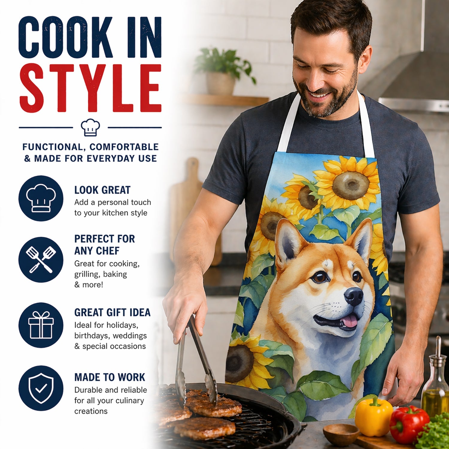 Shiba Inu in Sunflowers Apron Cooking Kitchen Server Baking Crafts Gardening for Adult Women Men, Unisex, Large, Multicolor