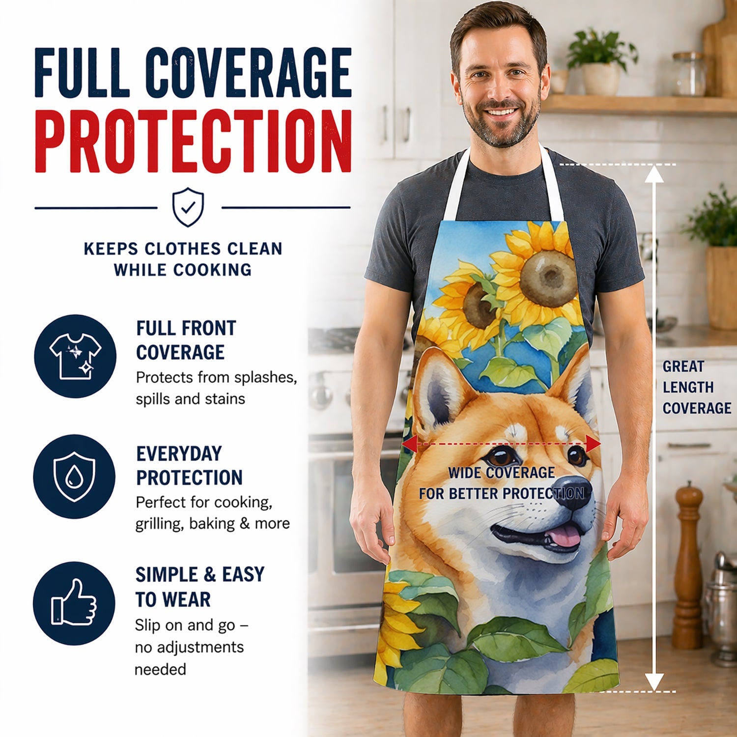 Shiba Inu in Sunflowers Apron Cooking Kitchen Server Baking Crafts Gardening for Adult Women Men, Unisex, Large, Multicolor