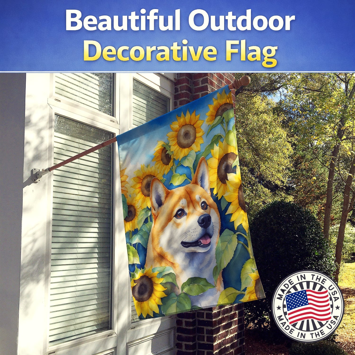 Shiba Inu in Sunflowers House Flag 28x40 Porch Sleeve Pole Decorative Outside Yard Banner Artwork Wall Hanging, Polyester