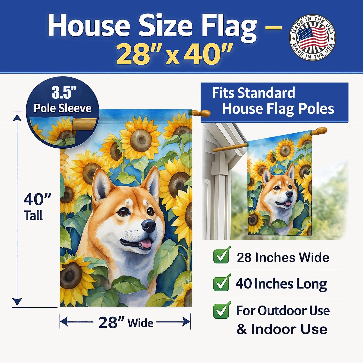 Shiba Inu in Sunflowers House Flag 28x40 Porch Sleeve Pole Decorative Outside Yard Banner Artwork Wall Hanging, Polyester