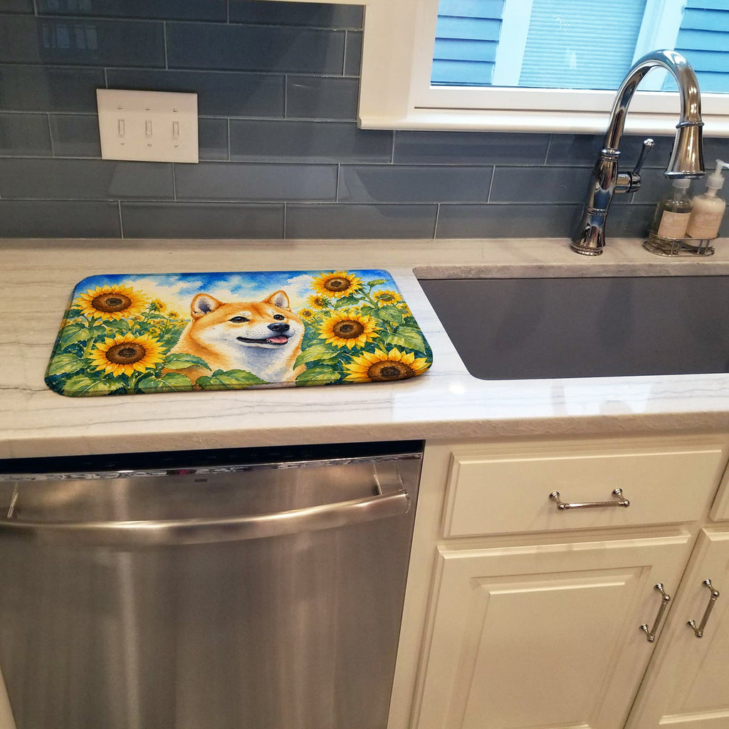 Shiba Inu in Sunflowers Dish Drying Mat Absorbent Dish Drying Mat Pad for Kitchen Counter Dish Drainer Mat for Countertop, 14 x 21", Multicolor