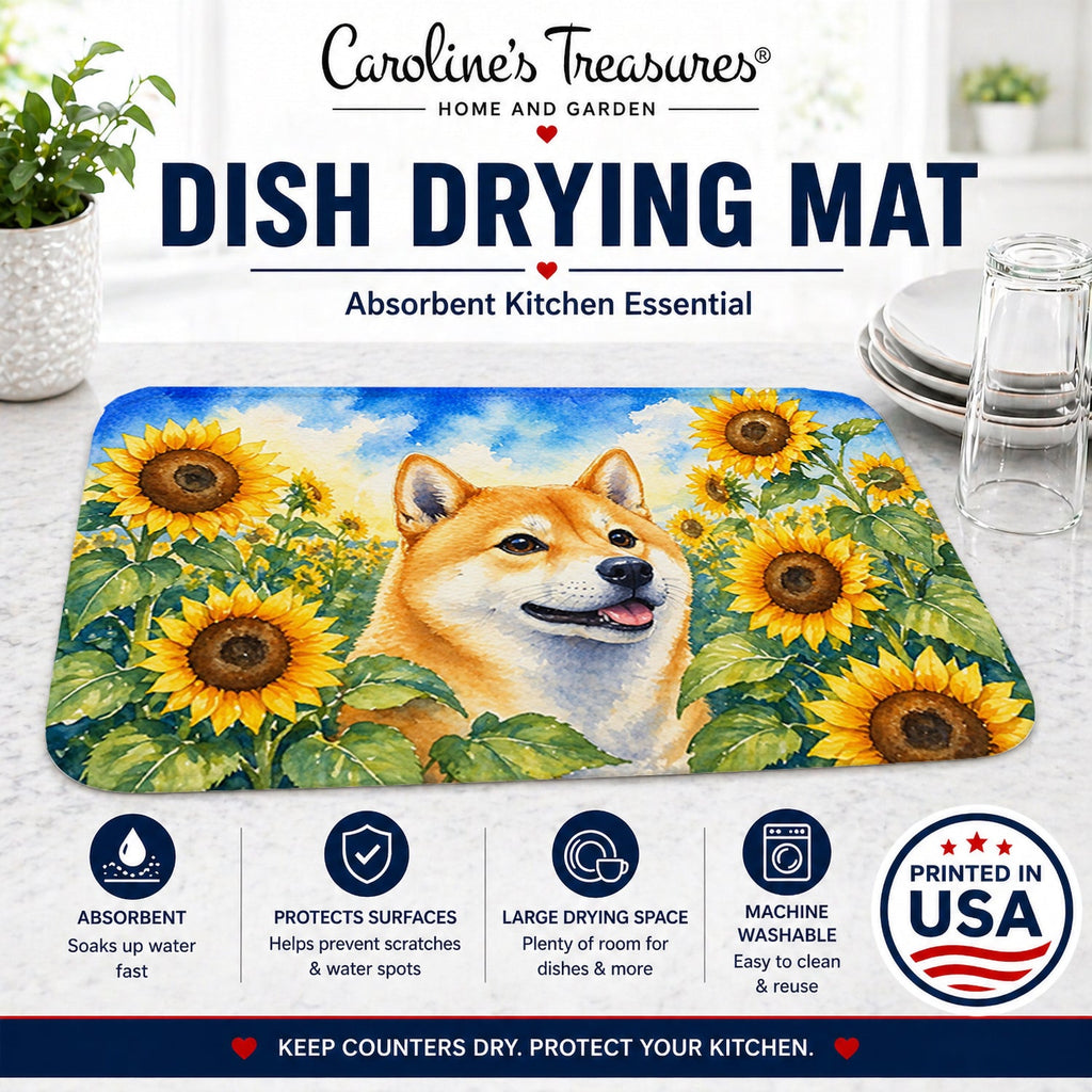 Shiba Inu in Sunflowers Dish Drying Mat Absorbent Dish Drying Mat Pad for Kitchen Counter Dish Drainer Mat for Countertop, 14 x 21", Multicolor