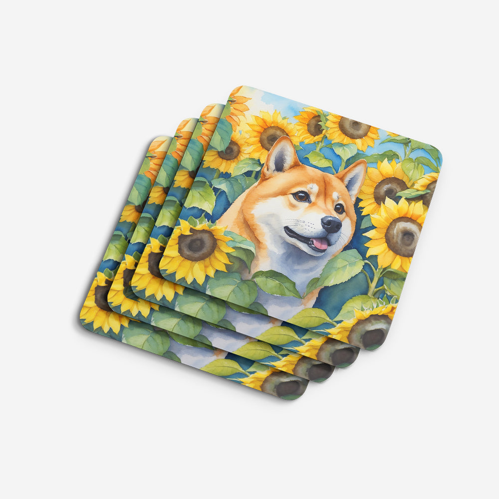 Shiba Inu in Sunflowers Foam Coasters Set of 4 Cup Coasters for Indoor Outdoor, Tabletop Protection, Anti Slip, Mouse pad Material