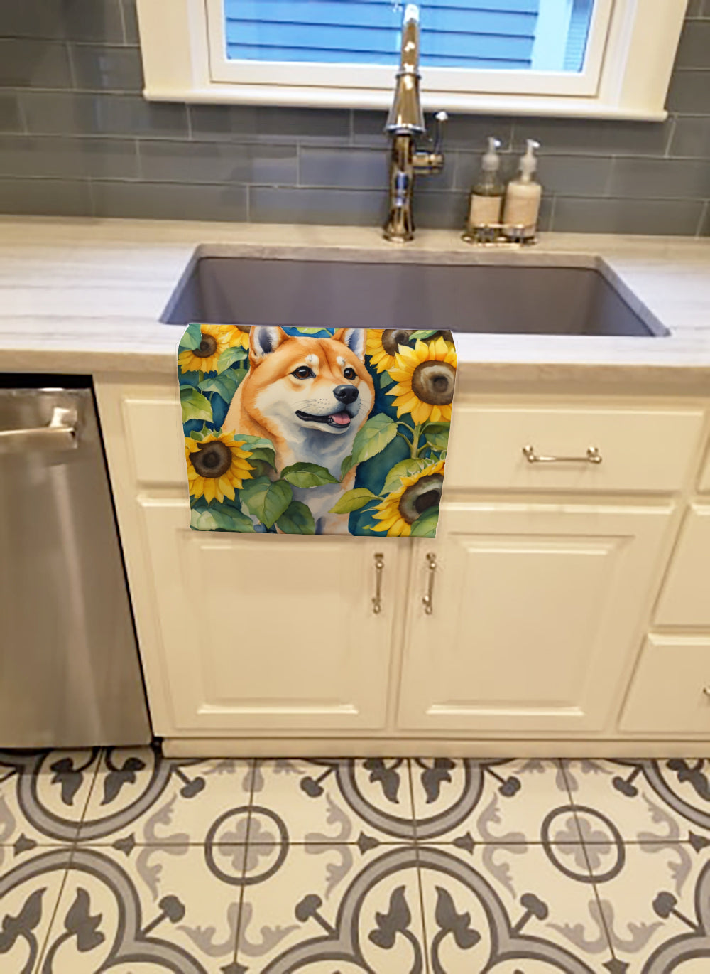 Shiba Inu in Sunflowers Kitchen Towel Velour Plush Front and Cotton Loop Back Machine Washable