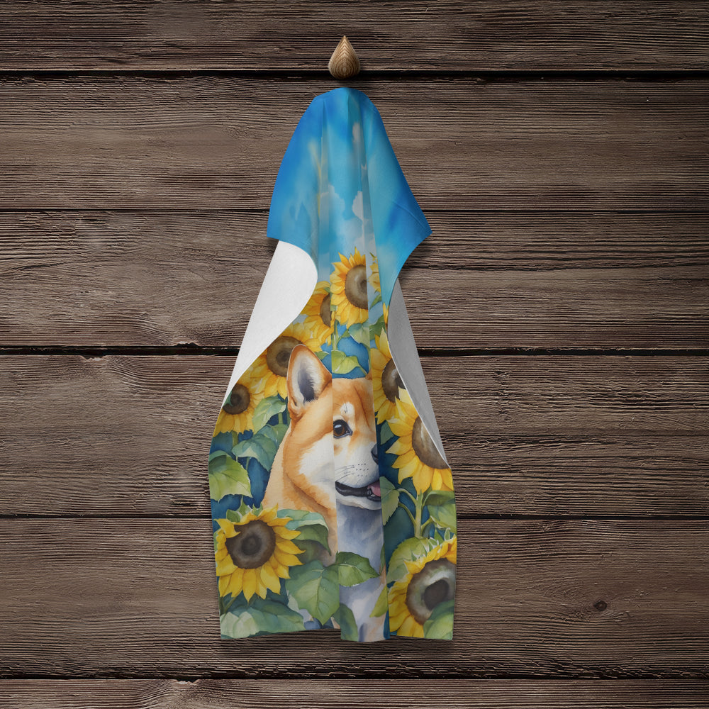 Shiba Inu in Sunflowers Kitchen Towel Velour Plush Front and Cotton Loop Back Machine Washable