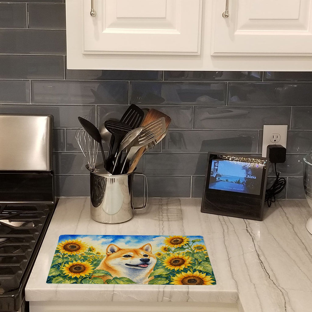 Shiba Inu in Sunflowers Cutting Board Tempered Glass Kitchen Cutting Surface, Heat Resistant Chopping Board with Non-Slip Feet, Decorative Food Prep & Serving