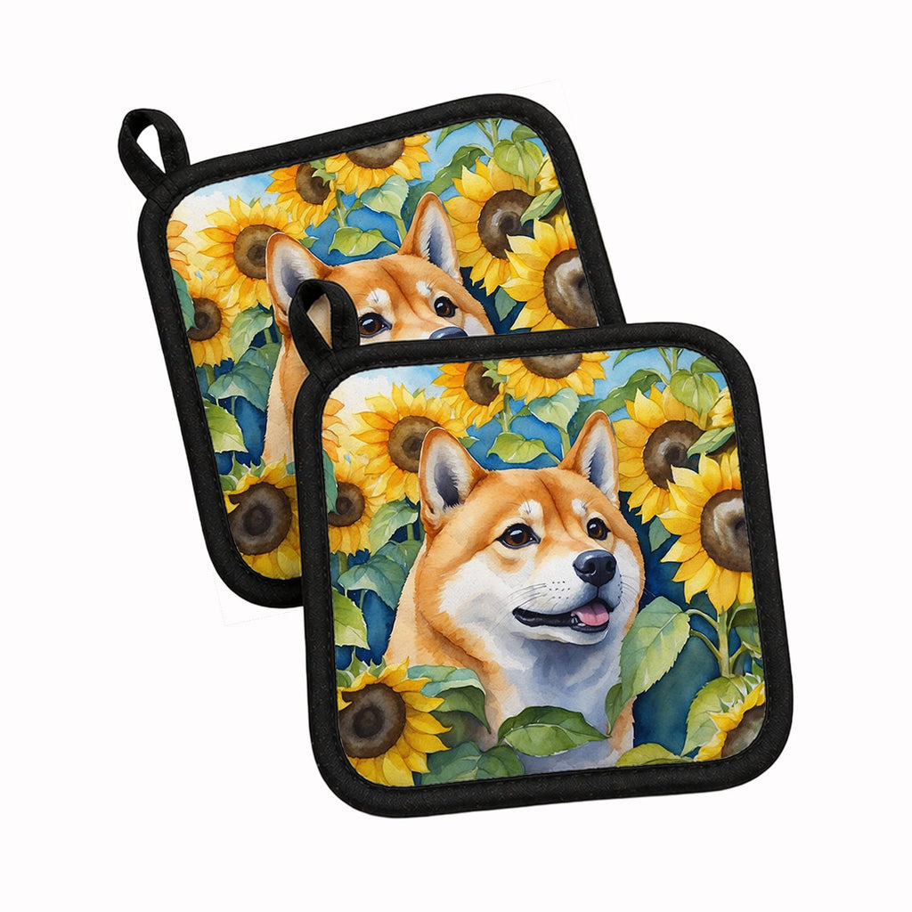 Shiba Inu in Sunflowers Pot Holder Set of 2 Heat Resistant Quilted Hot Pads 7.5 x 7.5 Inch, Insulated Kitchen Trivets for Cooking & Baking