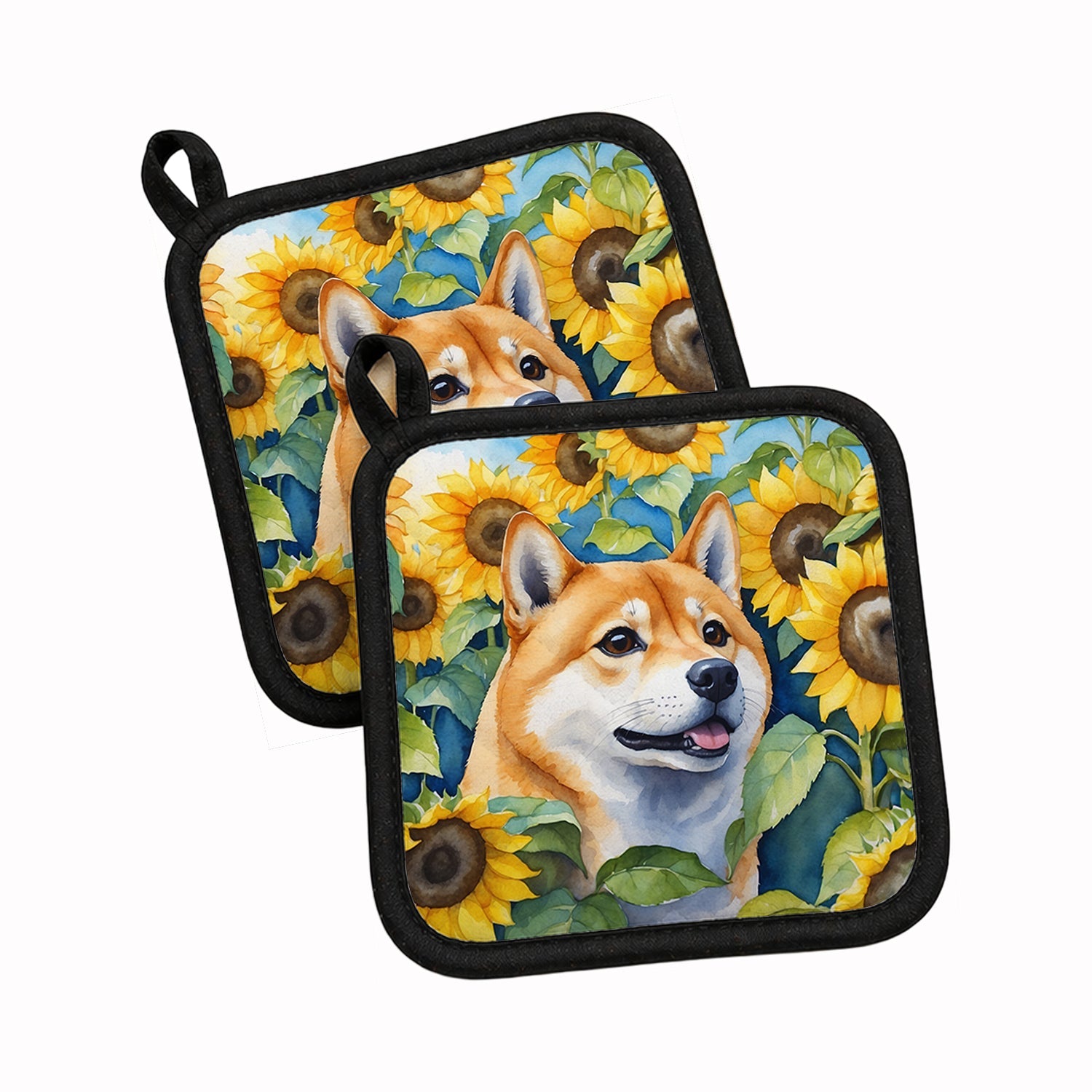 Shiba Inu in Sunflowers Pot Holder Set of 2 Heat Resistant Quilted Hot Pads 7.5 x 7.5 Inch, Insulated Kitchen Trivets for Cooking & Baking