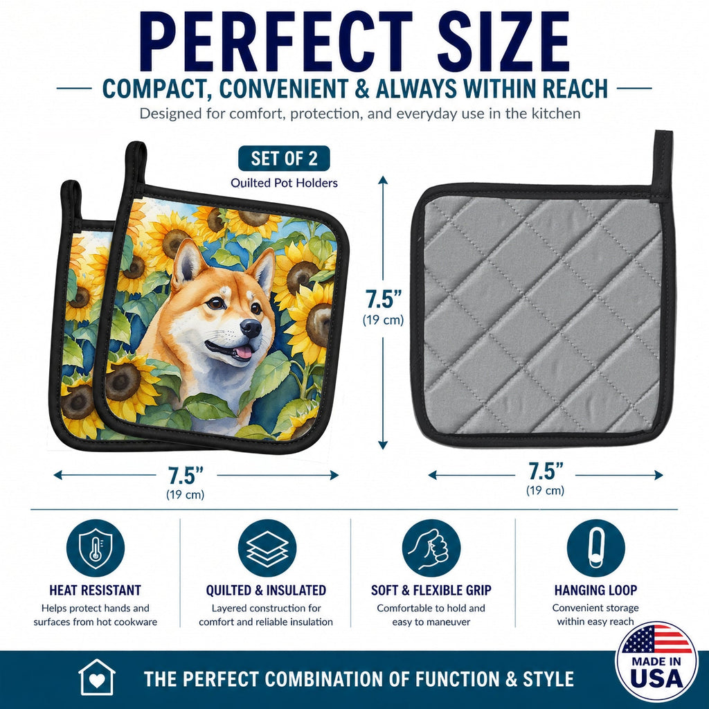 Shiba Inu in Sunflowers Pot Holder Set of 2 Heat Resistant Quilted Hot Pads 7.5 x 7.5 Inch, Insulated Kitchen Trivets for Cooking & Baking