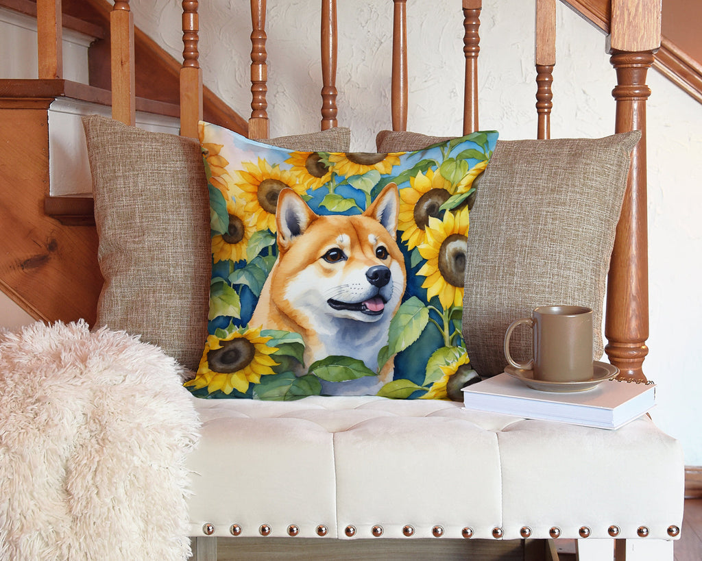 Shiba Inu in Sunflowers Decorative Throw Pillow 14x14 Indoor Outdoor Accent Cushion, Fabric Cover with Insert for Sofa, Bed, Porch & Living Room