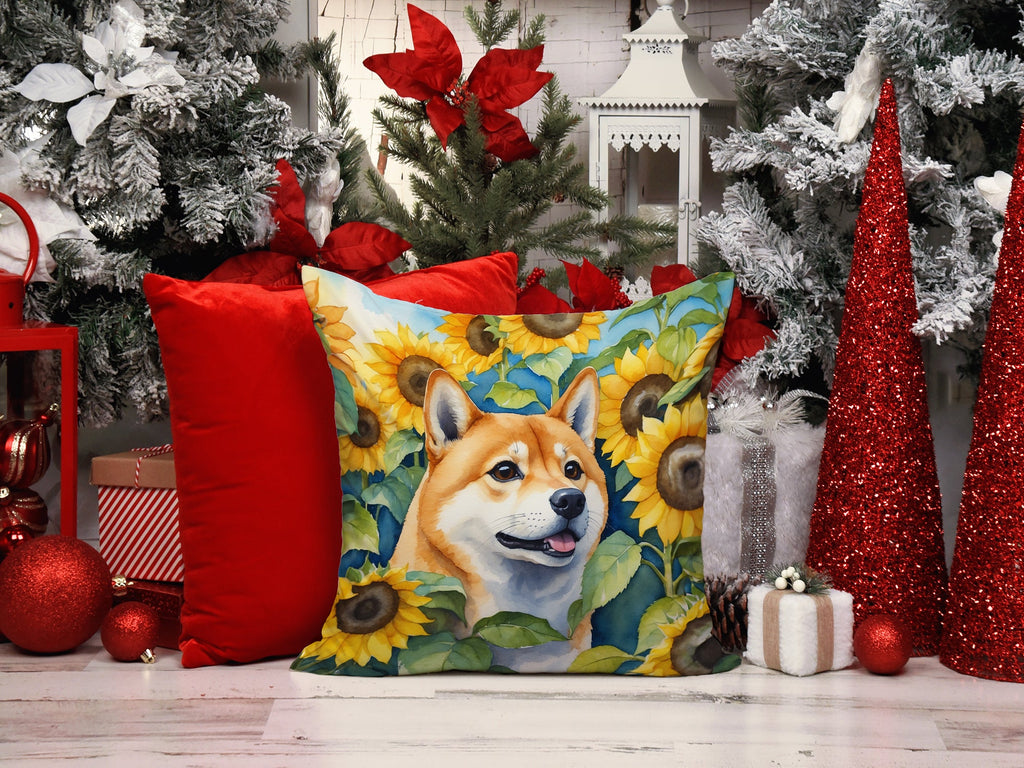 Shiba Inu in Sunflowers Decorative Throw Pillow 14x14 Indoor Outdoor Accent Cushion, Fabric Cover with Insert for Sofa, Bed, Porch & Living Room