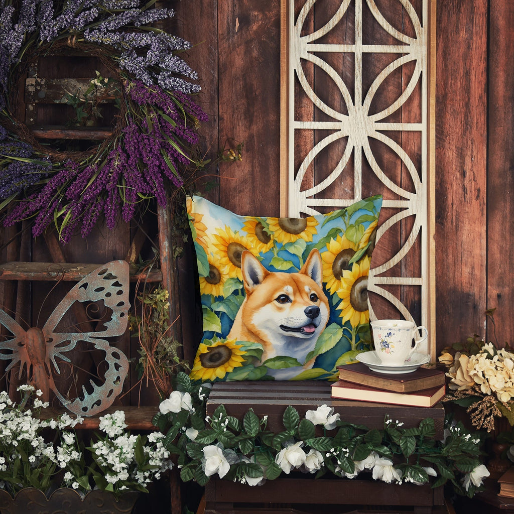Shiba Inu in Sunflowers Decorative Throw Pillow 18x18 Indoor Outdoor Accent Cushion, Fabric Cover with Insert for Sofa, Bed, Porch & Living Room