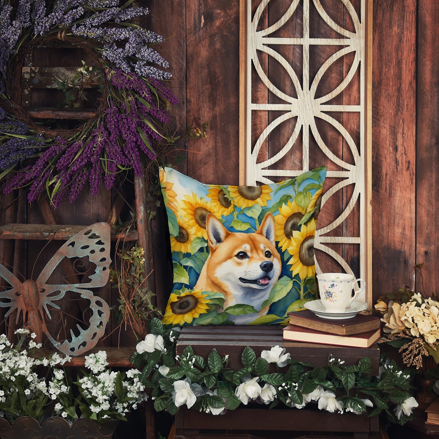 Shiba Inu in Sunflowers Decorative Throw Pillow 18x18 Indoor Outdoor Accent Cushion, Fabric Cover with Insert for Sofa, Bed, Porch & Living Room