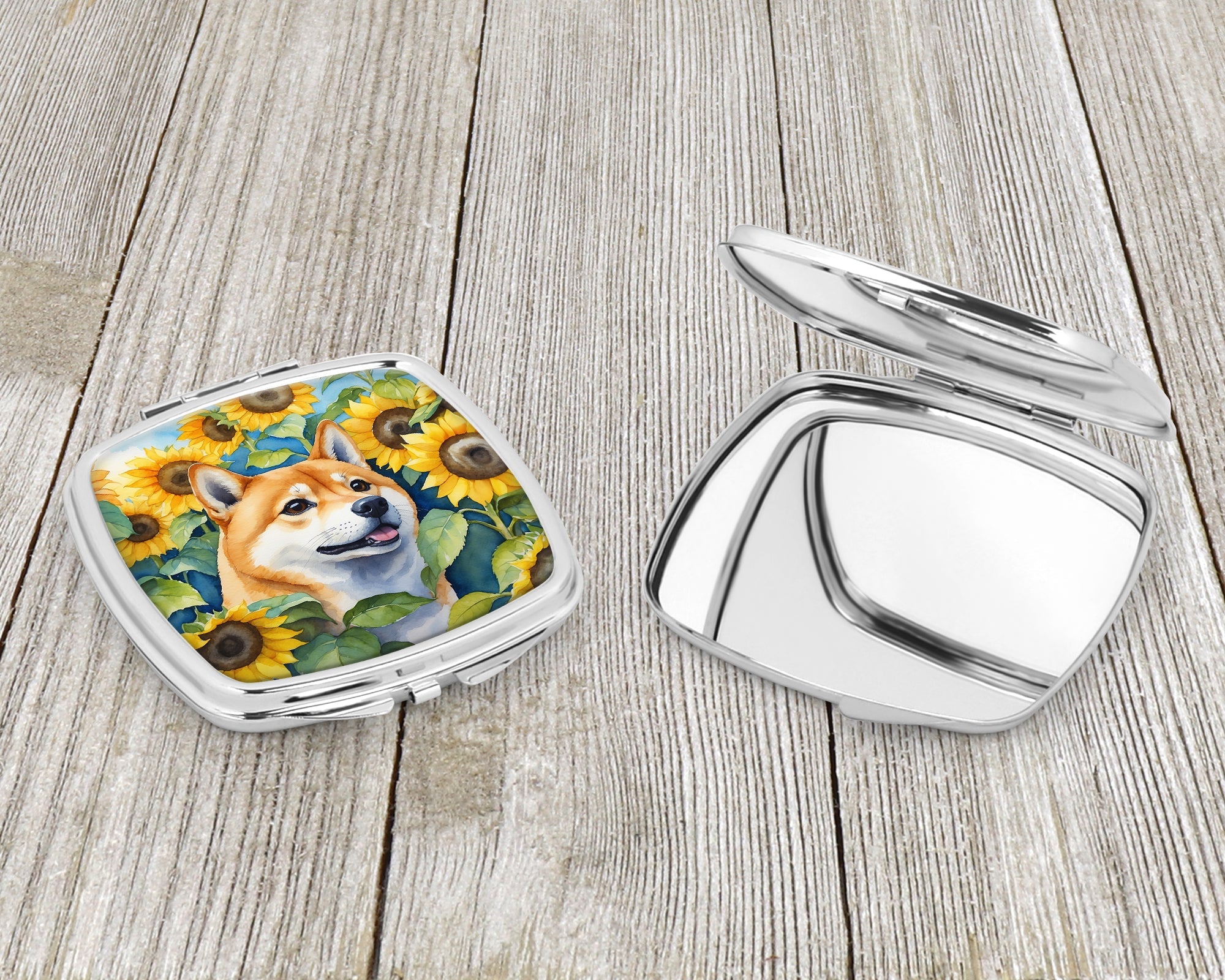Shiba Inu in Sunflowers Compact Mirror Decorative Travel Makeup Mirror for Women Girls Gifts Pocket Makeup Mirror Folding Handheld