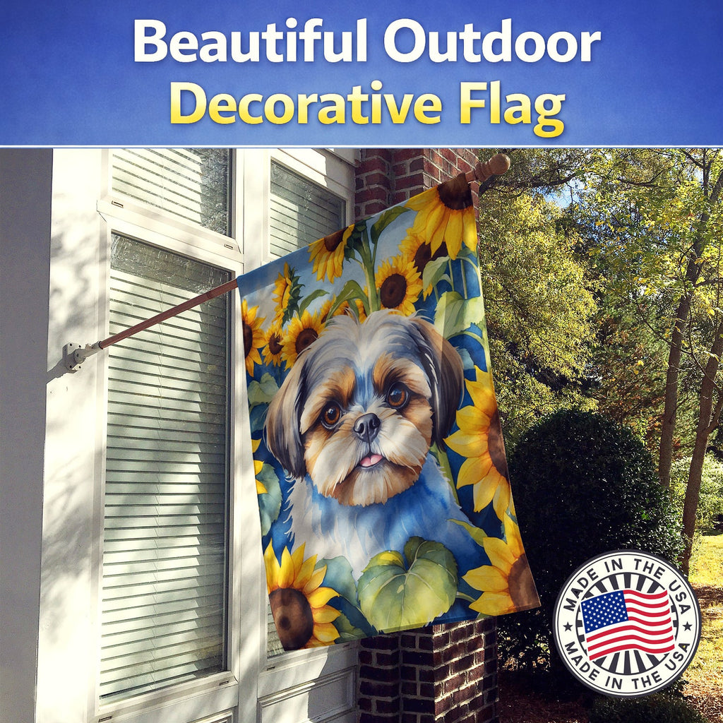 Shih Tzu in Sunflowers House Flag 28x40 Porch Sleeve Pole Decorative Outside Yard Banner Artwork Wall Hanging, Polyester