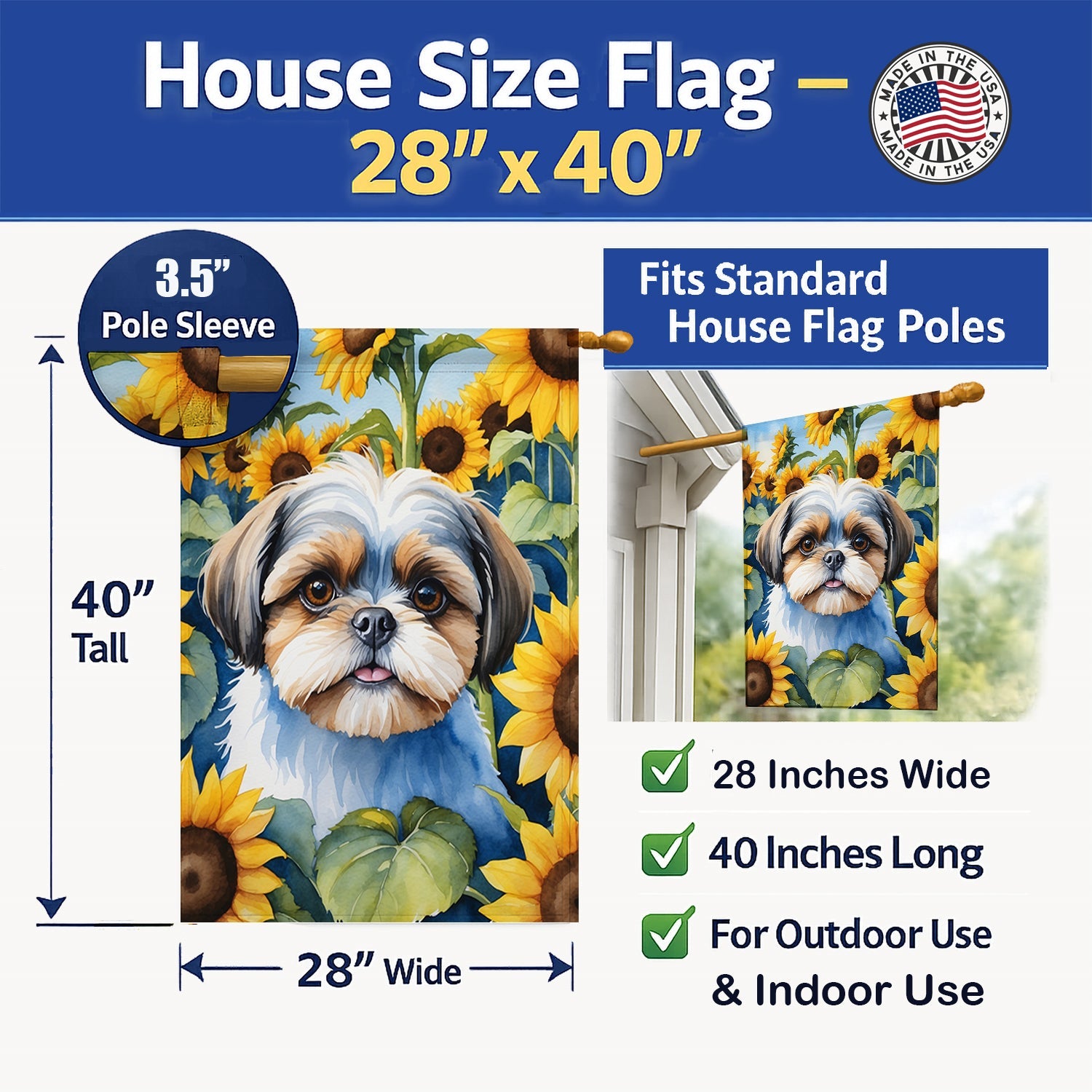 Shih Tzu in Sunflowers House Flag 28x40 Porch Sleeve Pole Decorative Outside Yard Banner Artwork Wall Hanging, Polyester