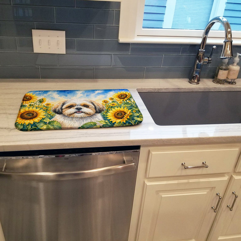 Shih Tzu in Sunflowers Dish Drying Mat Absorbent Dish Drying Mat Pad for Kitchen Counter Dish Drainer Mat for Countertop, 14 x 21", Multicolor