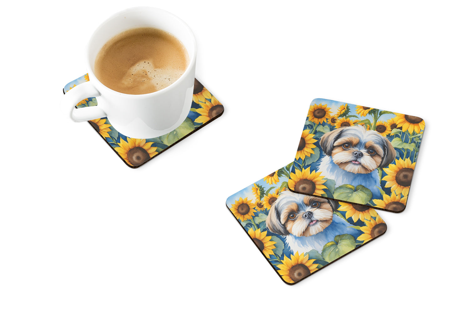 Shih Tzu in Sunflowers Foam Coasters Set of 4 Cup Coasters for Indoor Outdoor, Tabletop Protection, Anti Slip, Mouse pad Material