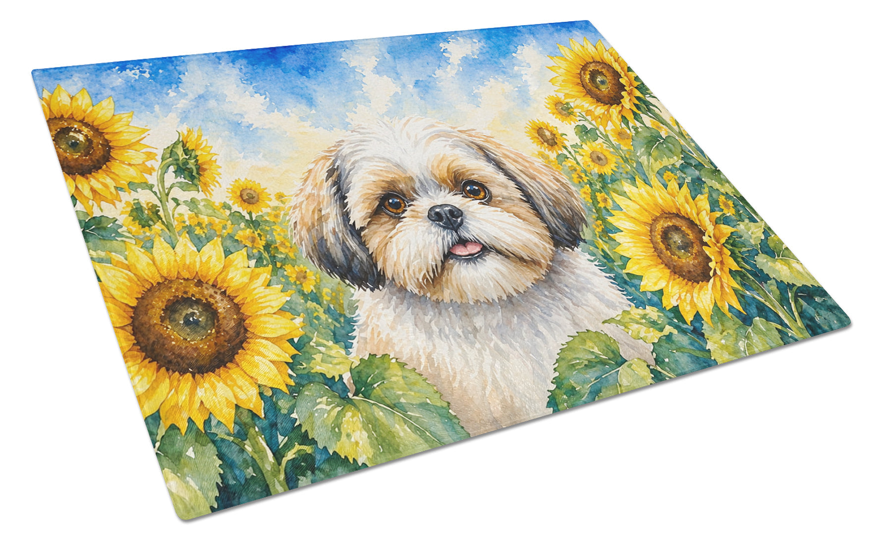 Shih Tzu in Sunflowers Cutting Board Tempered Glass Kitchen Cutting Surface, Heat Resistant Chopping Board with Non-Slip Feet, Decorative Food Prep & Serving