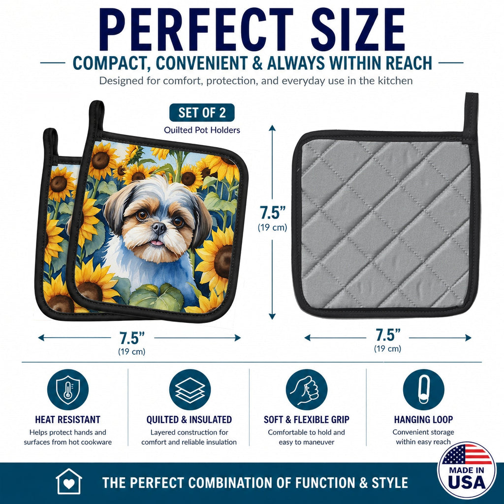 Shih Tzu in Sunflowers Pot Holder Set of 2 Heat Resistant Quilted Hot Pads 7.5 x 7.5 Inch, Insulated Kitchen Trivets for Cooking & Baking