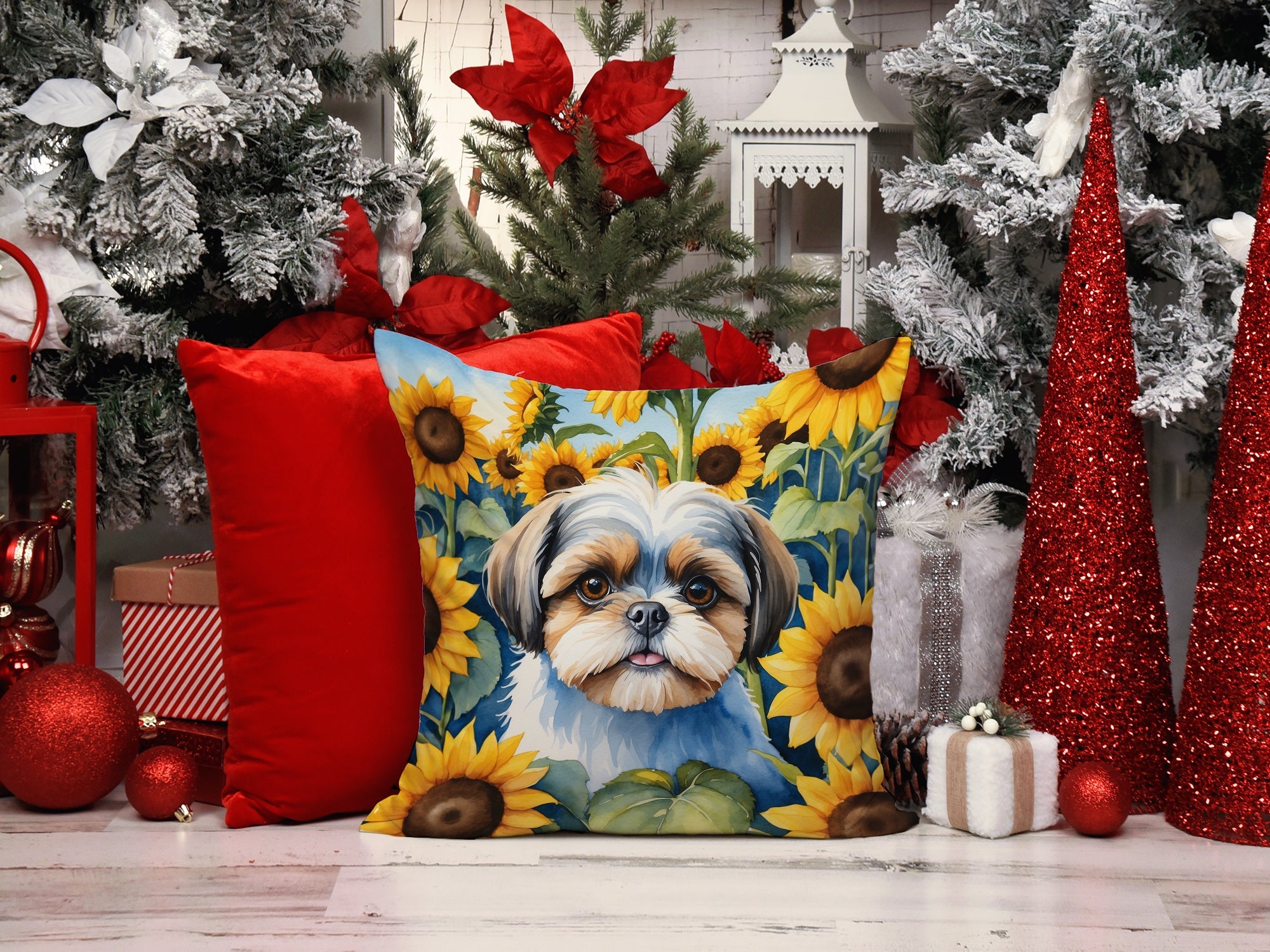 Shih Tzu in Sunflowers Decorative Throw Pillow 14x14 Indoor Outdoor Accent Cushion, Fabric Cover with Insert for Sofa, Bed, Porch & Living Room