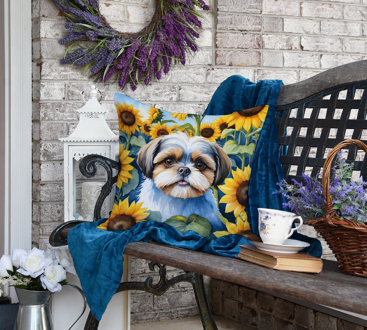 Shih Tzu in Sunflowers Decorative Throw Pillow 18x18 Indoor Outdoor Accent Cushion, Fabric Cover with Insert for Sofa, Bed, Porch & Living Room