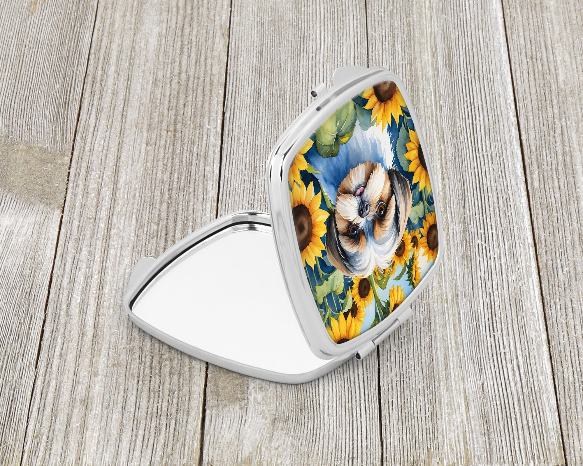 Shih Tzu in Sunflowers Compact Mirror Decorative Travel Makeup Mirror for Women Girls Gifts Pocket Makeup Mirror Folding Handheld