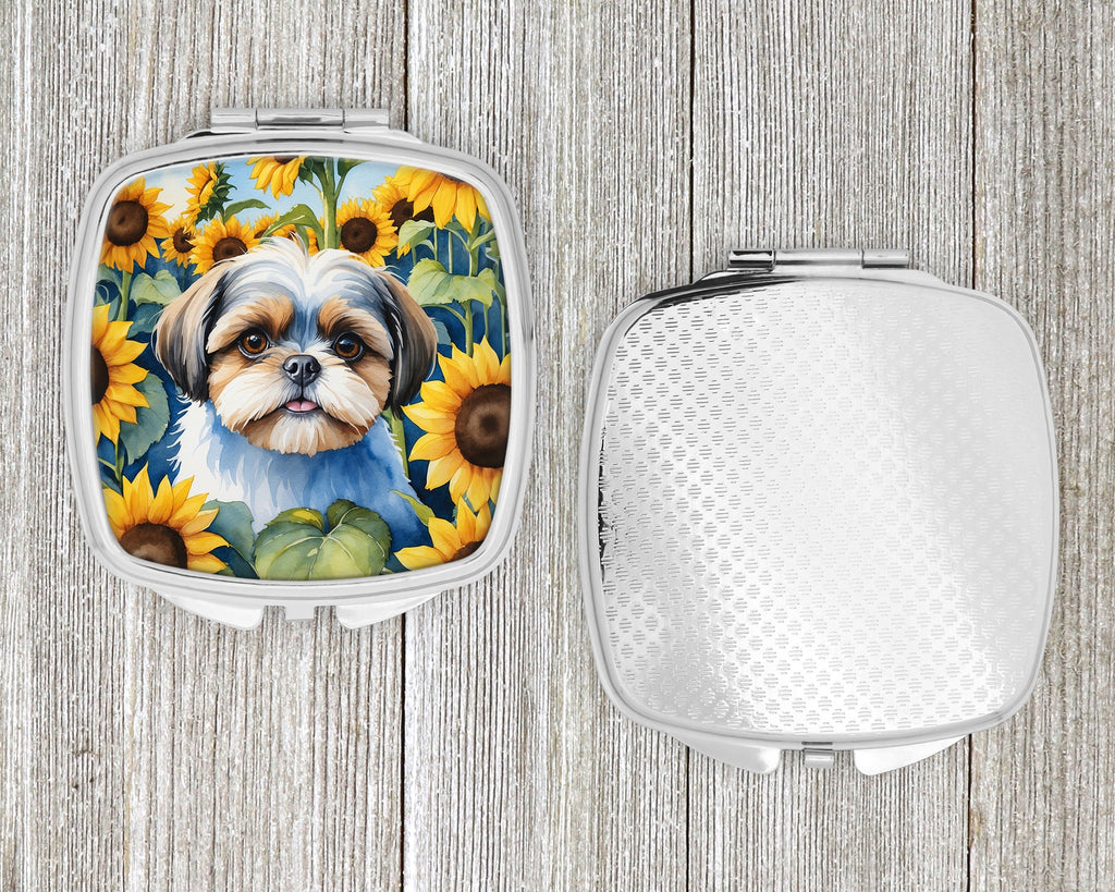 Shih Tzu in Sunflowers Compact Mirror Decorative Travel Makeup Mirror for Women Girls Gifts Pocket Makeup Mirror Folding Handheld