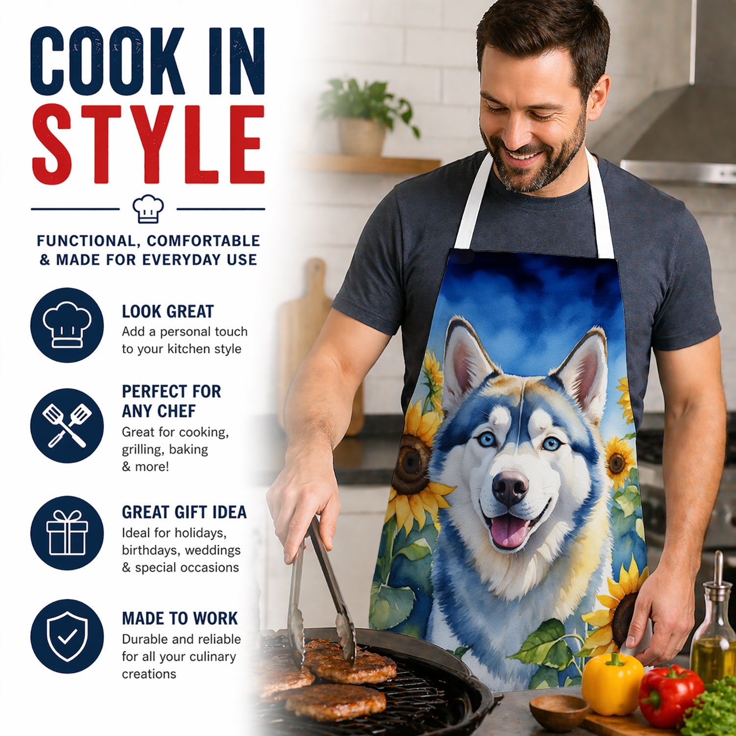 Siberian Husky in Sunflowers Apron Cooking Kitchen Server Baking Crafts Gardening for Adult Women Men, Unisex, Large, Multicolor