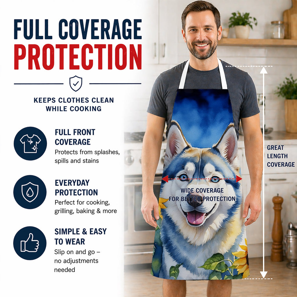 Siberian Husky in Sunflowers Apron Cooking Kitchen Server Baking Crafts Gardening for Adult Women Men, Unisex, Large, Multicolor