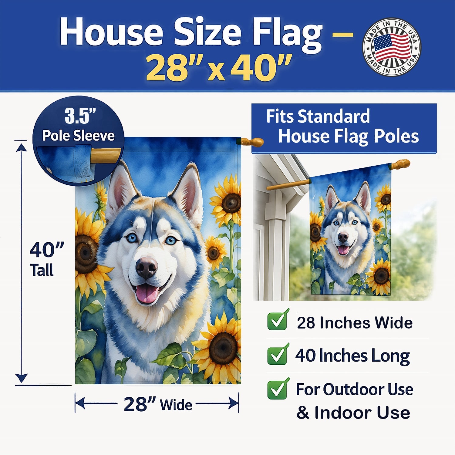 Siberian Husky in Sunflowers House Flag 28x40 Porch Sleeve Pole Decorative Outside Yard Banner Artwork Wall Hanging, Polyester