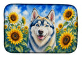 Siberian Husky in Sunflowers Dish Drying Mat Absorbent Dish Drying Mat Pad for Kitchen Counter Dish Drainer Mat for Countertop, 14 x 21", Multicolor